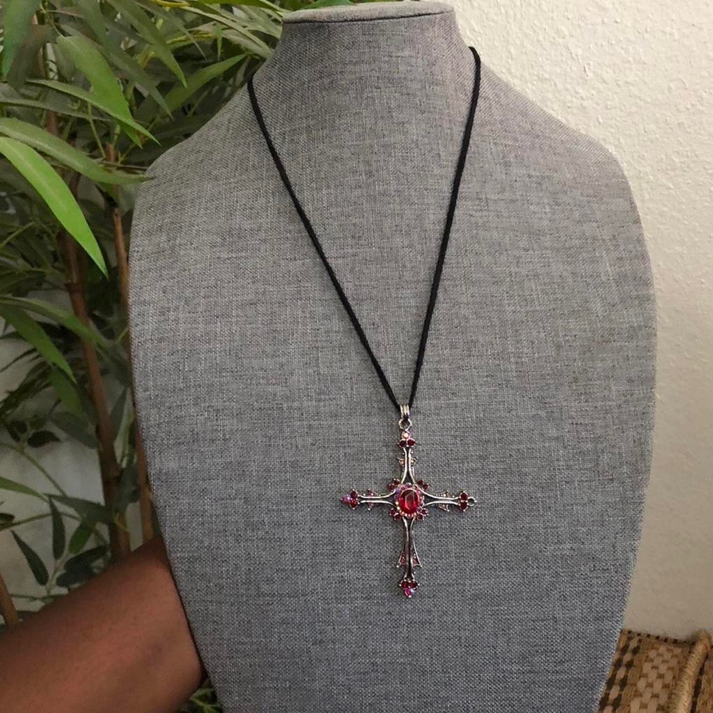 Y2k Whimsygoth Red Beaded Crystal Rhinestone Cross Necklace Choker Pendant Charm
